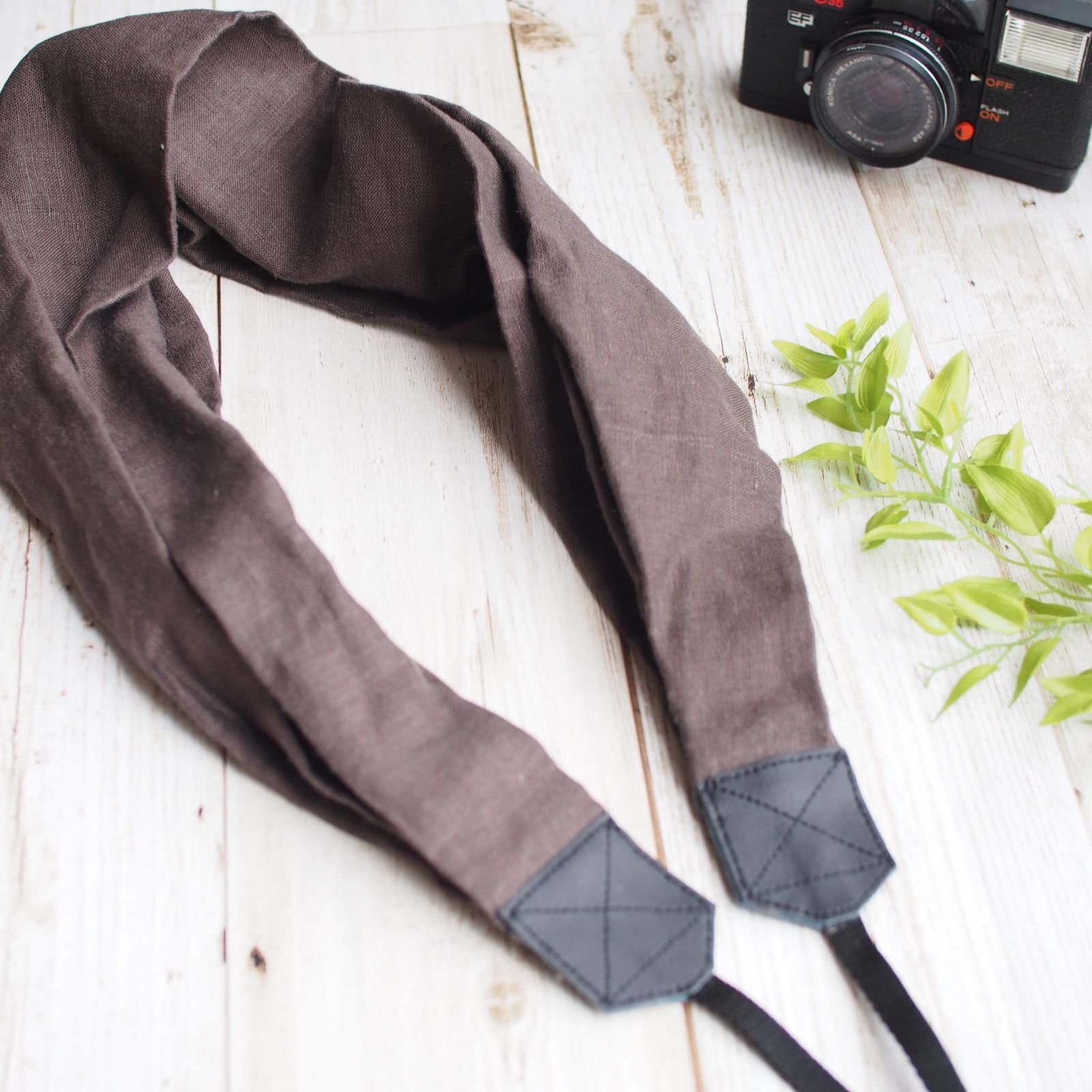 リネン 幅広 肩で支える 一眼レフカメラストラップ ミラーレス ハンドメイド チャコール