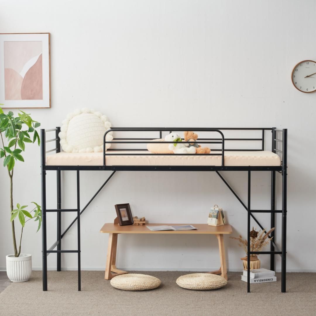 新作】【ブラック】ロフトベッド パイプベッド サイド棚付き シングル