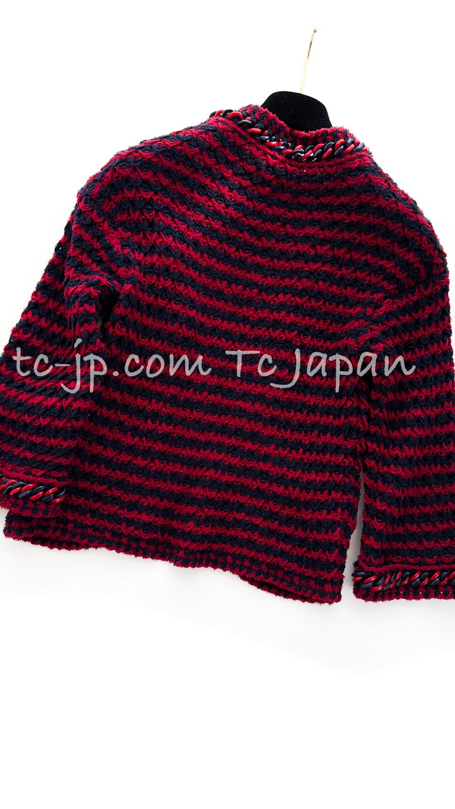 売れ筋商品|||シャネル カーディガン CHANEL レッド ネイビー ストライプ  チェーントリミング ニット 柔らか 美人見え 超美品 36 38 CHANEL - シャネル カーディガン CHANEL レッド ネイビー