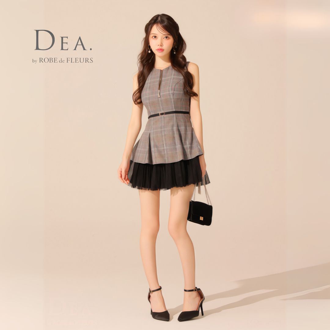 DEA. by ROBE de FLEURS ディアバイローブドフルール ミニドレス DE3477 チェックノースリーブベルトデザインチュールミニキャバドレス Gray