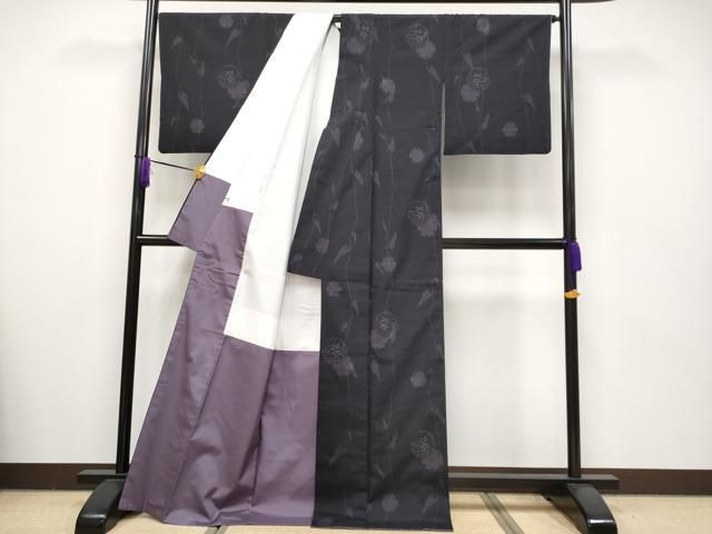 平和屋着物□極上 結城紬 100亀甲 雪輪重ね草花文 濃紺地 証紙付き  