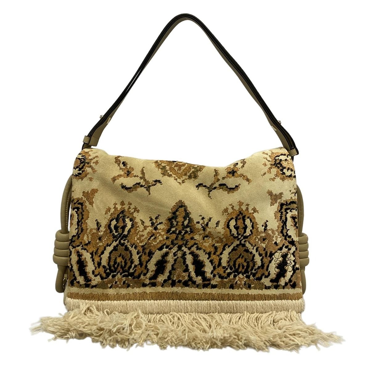 ロエベ ショルダーバッグ フラメンコ ノット フリンジトリム タペストリーバッグ ベージュ×ダークイエロー×黒 フリンジ リネン レザー
