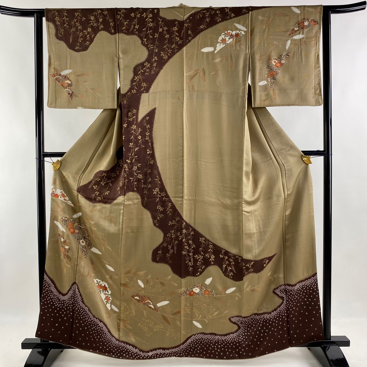 訪問着 身丈163cm 裄丈63cm S 袷 菊 橘 金糸 絞り 茶色 正絹 美品 秀品