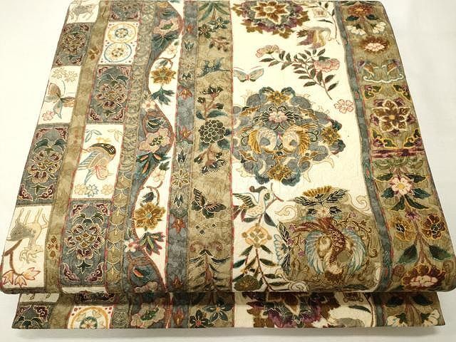 平和屋着物●西陣　老舗　渡文謹製　手織　両面　全通柄袋帯　纐纈　向鳥更紗花文　金彩　正絹　逸品　CAAU1056yk 平和屋着物○西陣 老舗 渡文謹製 手織 両面 全通柄袋帯 纐纈 向鳥更紗