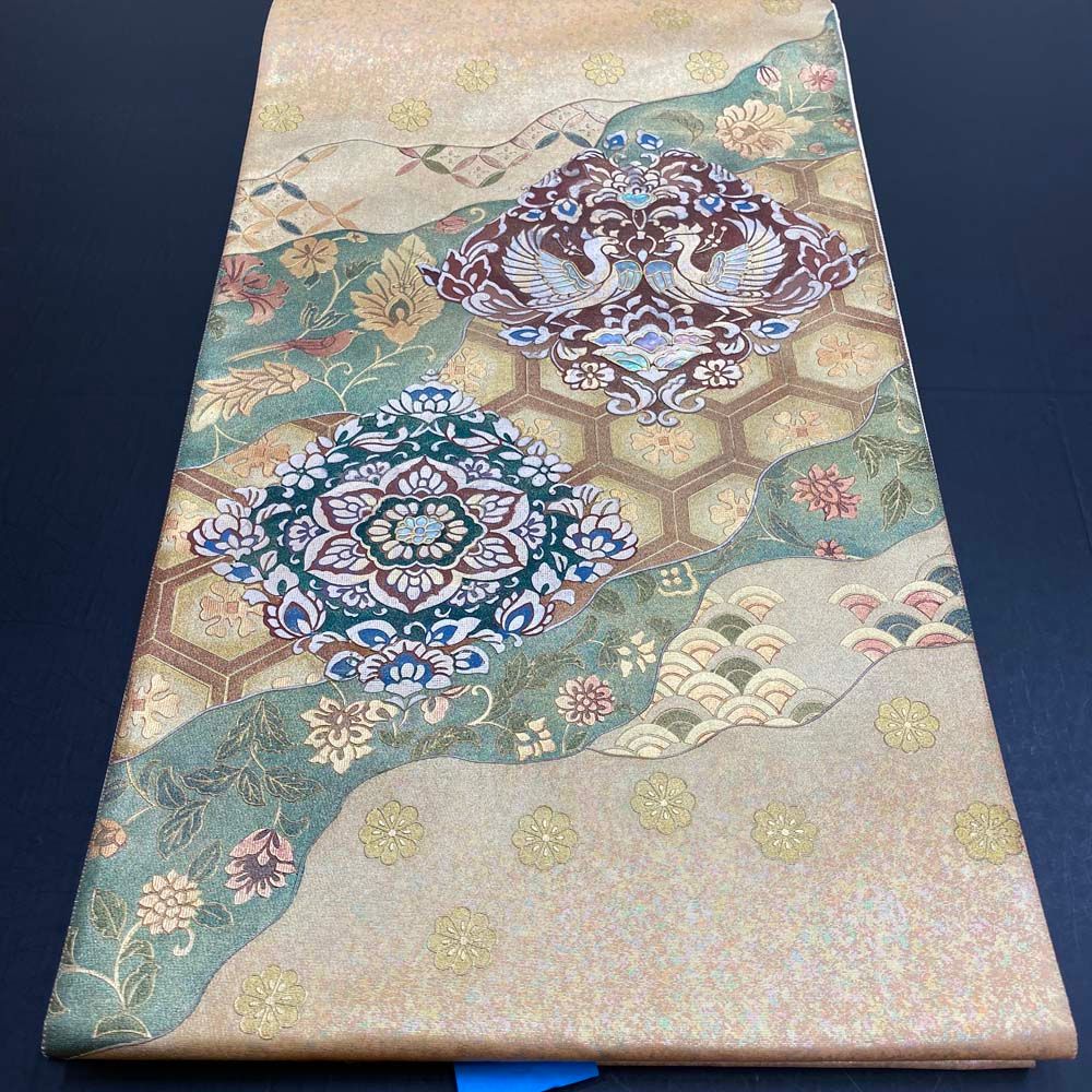 O0709 未使用品 逸品 希少 引き箔 螺鈿 正絹 袋帯