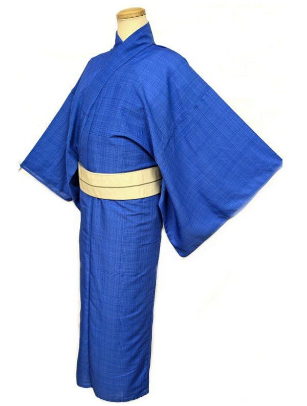 浴衣 男物 化繊 青色地に格子模様 裄70 Mサイズ 吸湿速乾