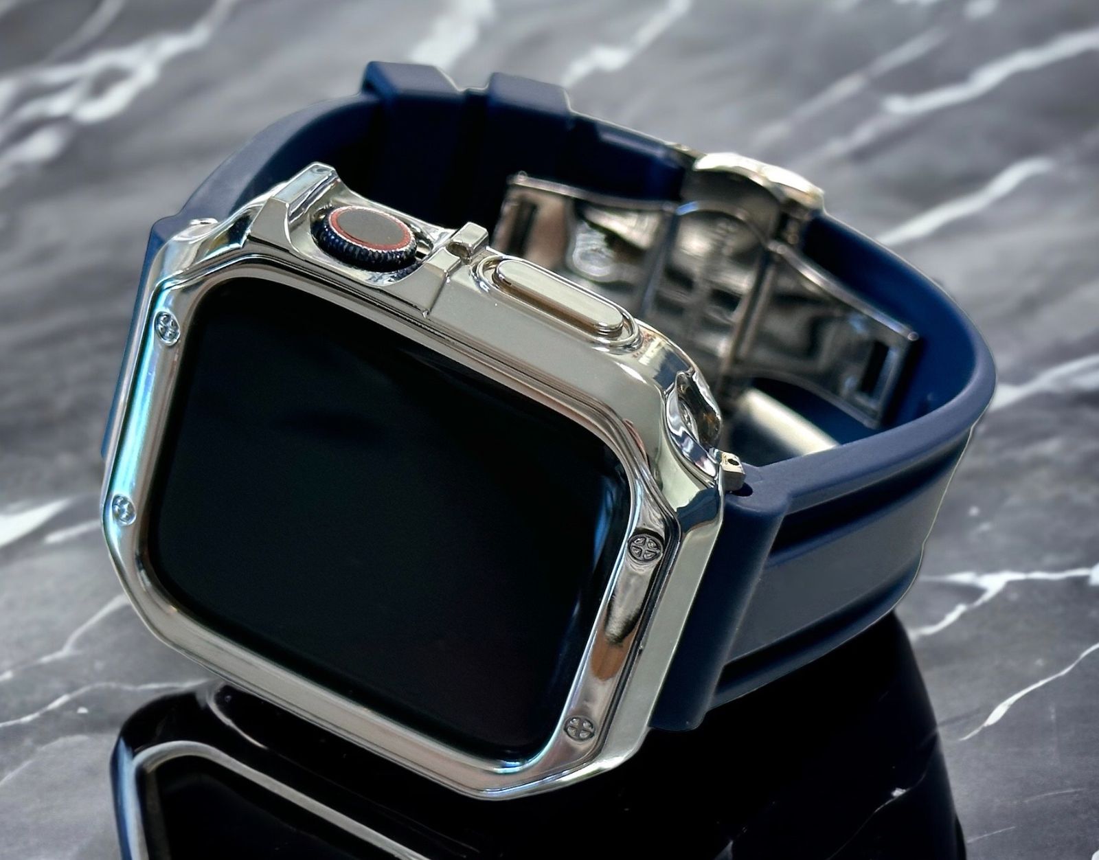 シルバー-ネイビー アップルウォッチ ラバーベルト カバー ケース メンズ レディース 38mm 40mm 41mm 42mm 44mm 45mm メンズ レディース Apple Watch スポーツバンド