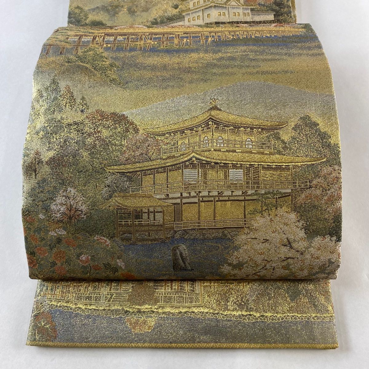 丸帯 京風景 金閣寺 箔 金糸 金色 お太鼓柄 正絹