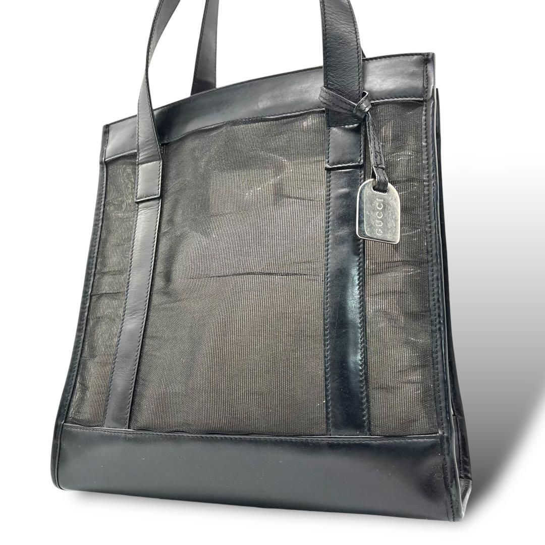 最先端 良品 948 GUCCI グッチ トートバッグ メッシュ レザー 肩掛け 黒 バッグ