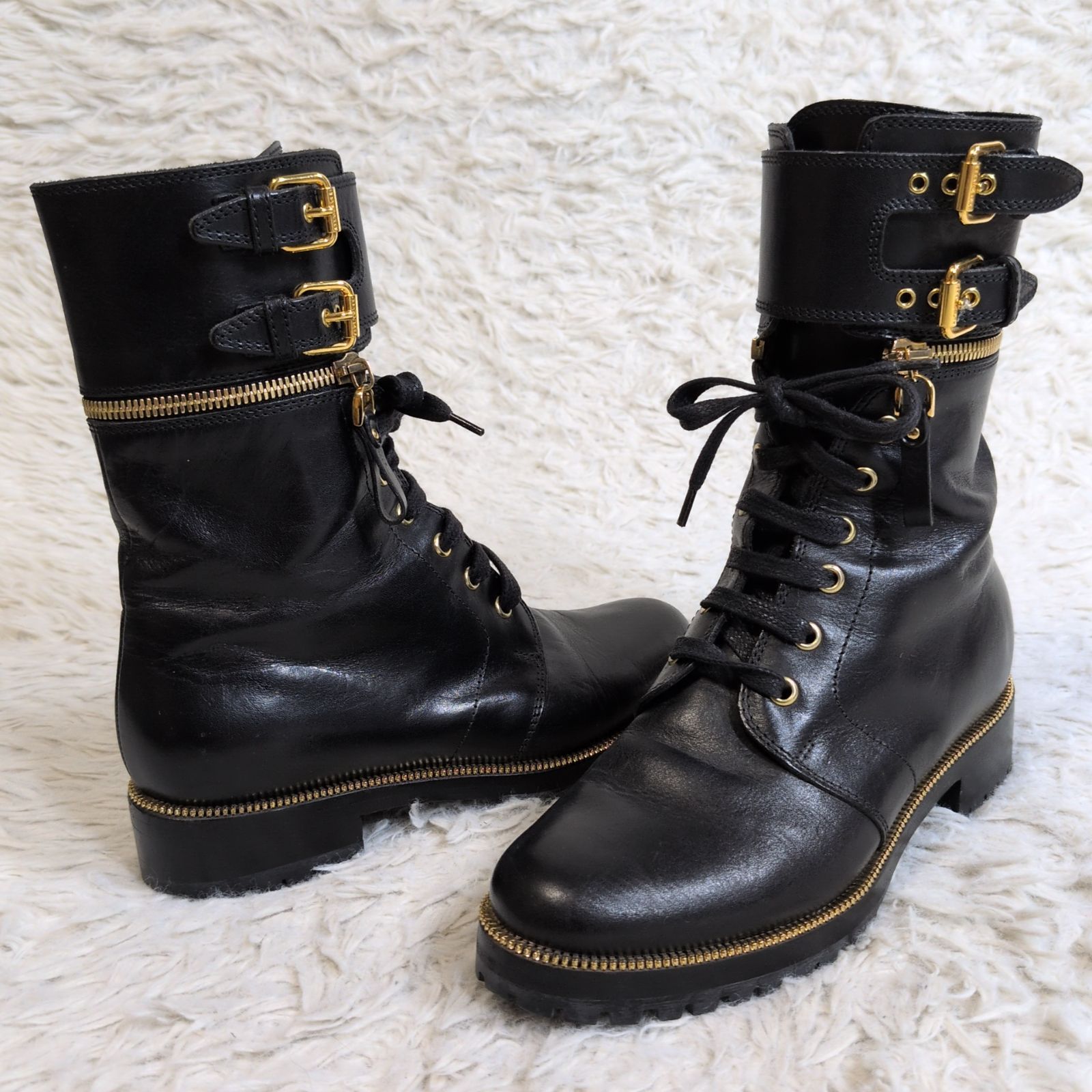 ️SERGIO ROSSI セルジオロッシ ダブルベルトショートブーツ ミドル ブラック 黒 ゴールド金具 レースアップ 36 イタリア製 23cm相当 参考定価129 150円