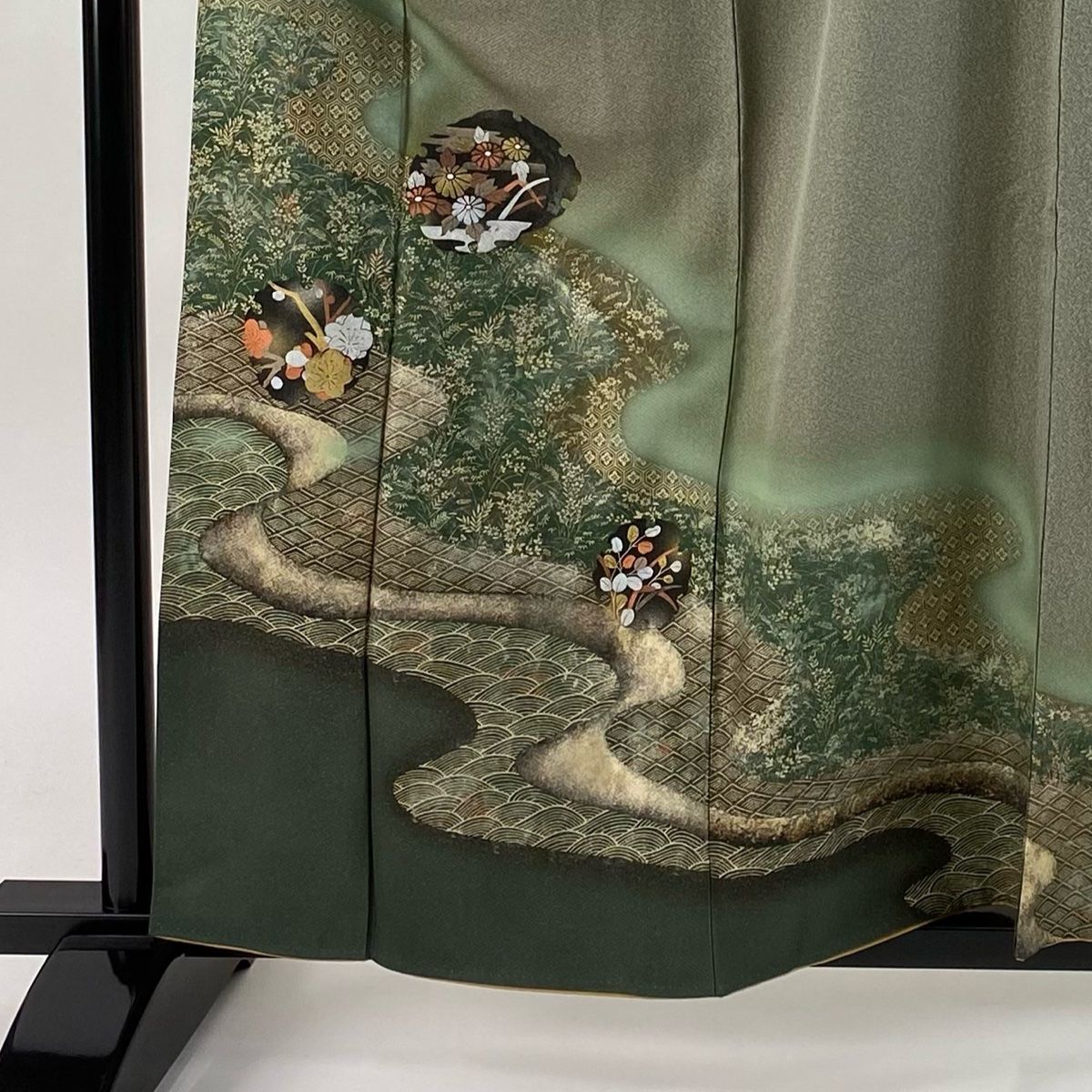 訪問着 身丈160cm 裄丈66cm M 袷 秋草 流水 金銀彩 ぼかし 灰緑 正絹 秀品