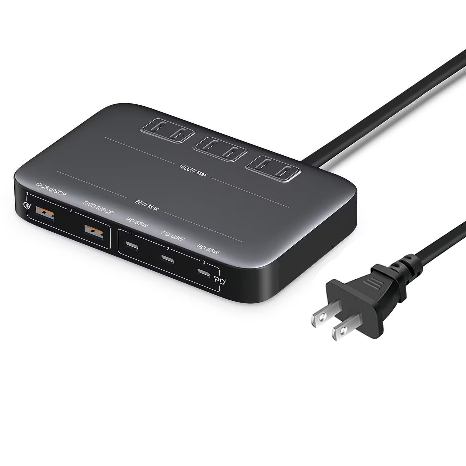 アダプター AC 卓上タップ USB充電器 テーブルタップ USB付き 合計1400W コンセント1.8m 急速充電 PD充電器 3AC口 3USB-Cポート 2USB-Aポート PD65W-QC3.0 USB延長コード 電源タップ