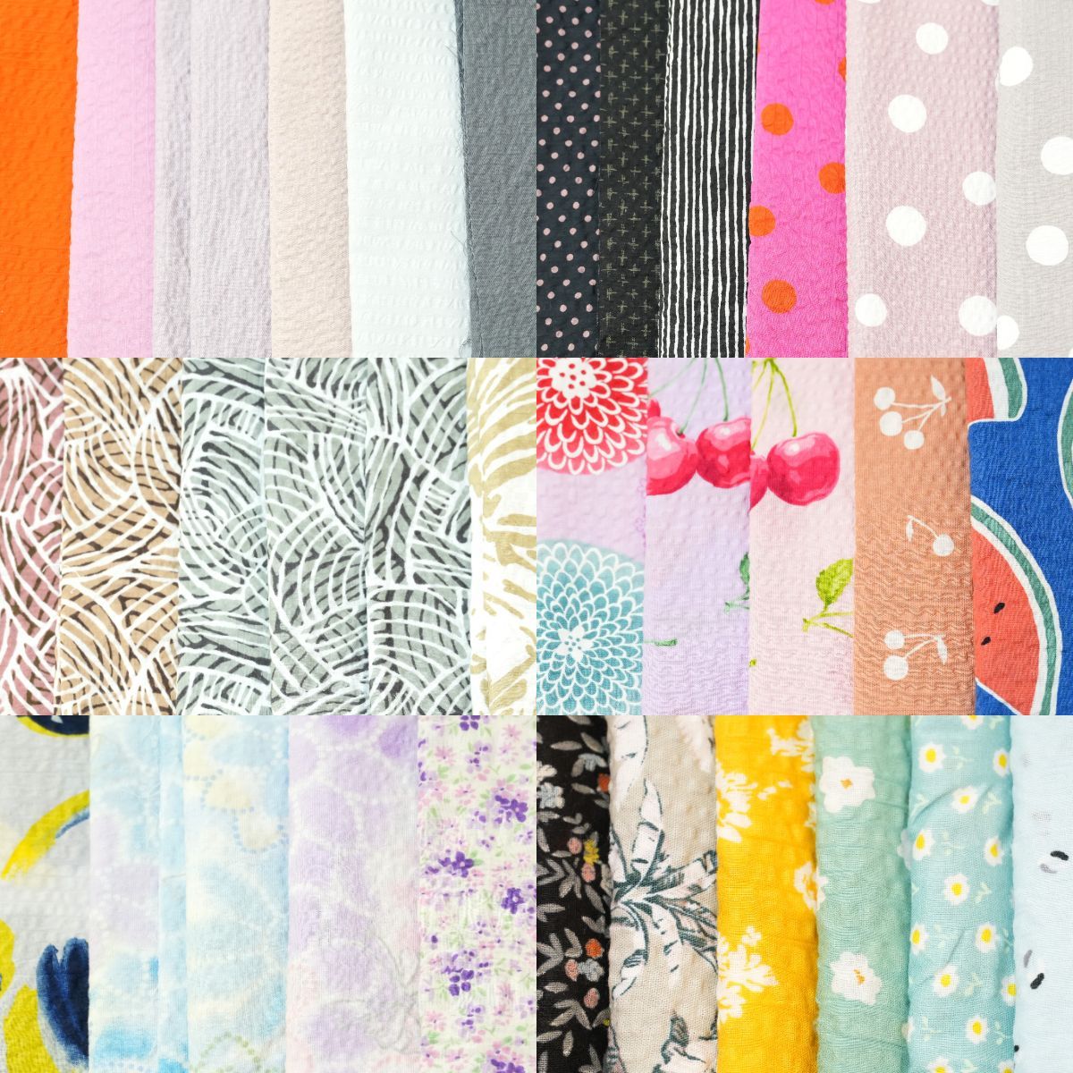 [KO]リップル 生地 はぎれ 約8ｍ以上 まとめ売り セット 37点 無地 幾何学 波 葉 花 すいか さくらんぼ ヤシの木 夏 小物