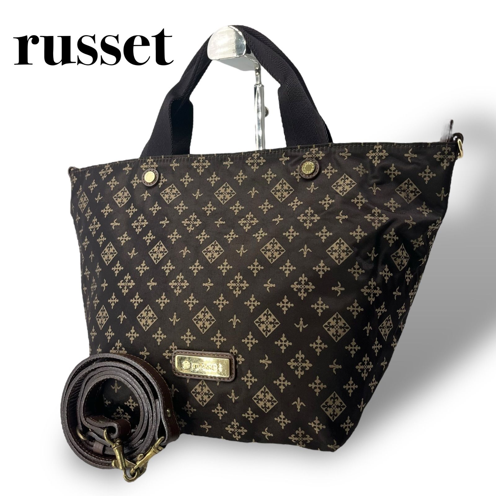 russet ラシット トートバッグ レディース ブラウン ゴールド金具 ナイロン 斜め掛け 手提げ 総柄 5078