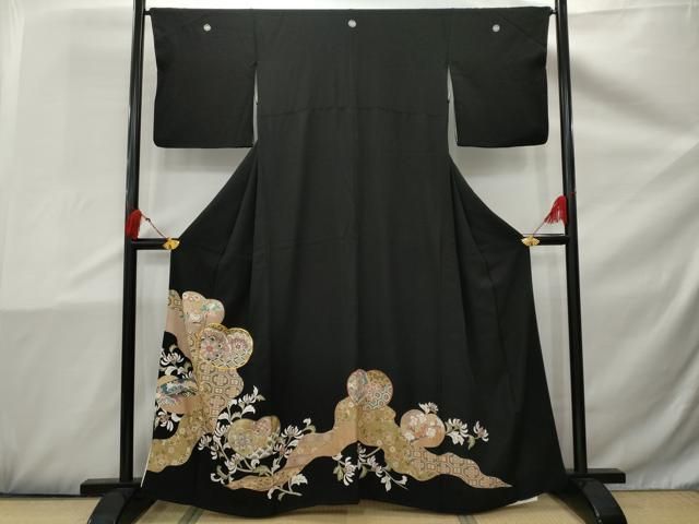 平和屋着物□豪華黒留袖 駒刺繍 吉祥花文 金彩 正絹 逸品