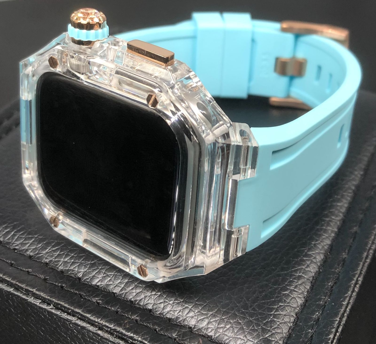 GimelZayin zc ローズゴールド クリア sブルー アップルウォッチ ラバーベルト カバー ケース 40 mm 41 44 45 46 49 スポーツ メンズ レディース 4スクリュー Apple Watch バンド