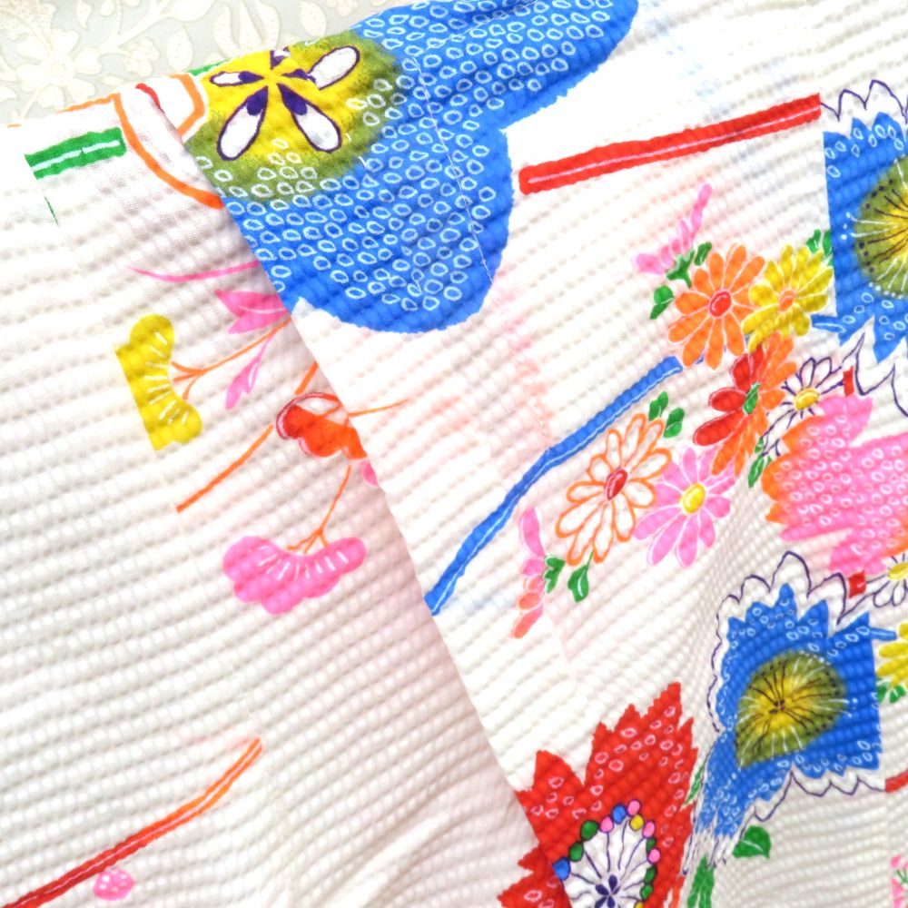 浴衣 子供ゆかた 女の子用 綿 リップル生地 白色 蛍光カラー 花 夏用 夏物 女児