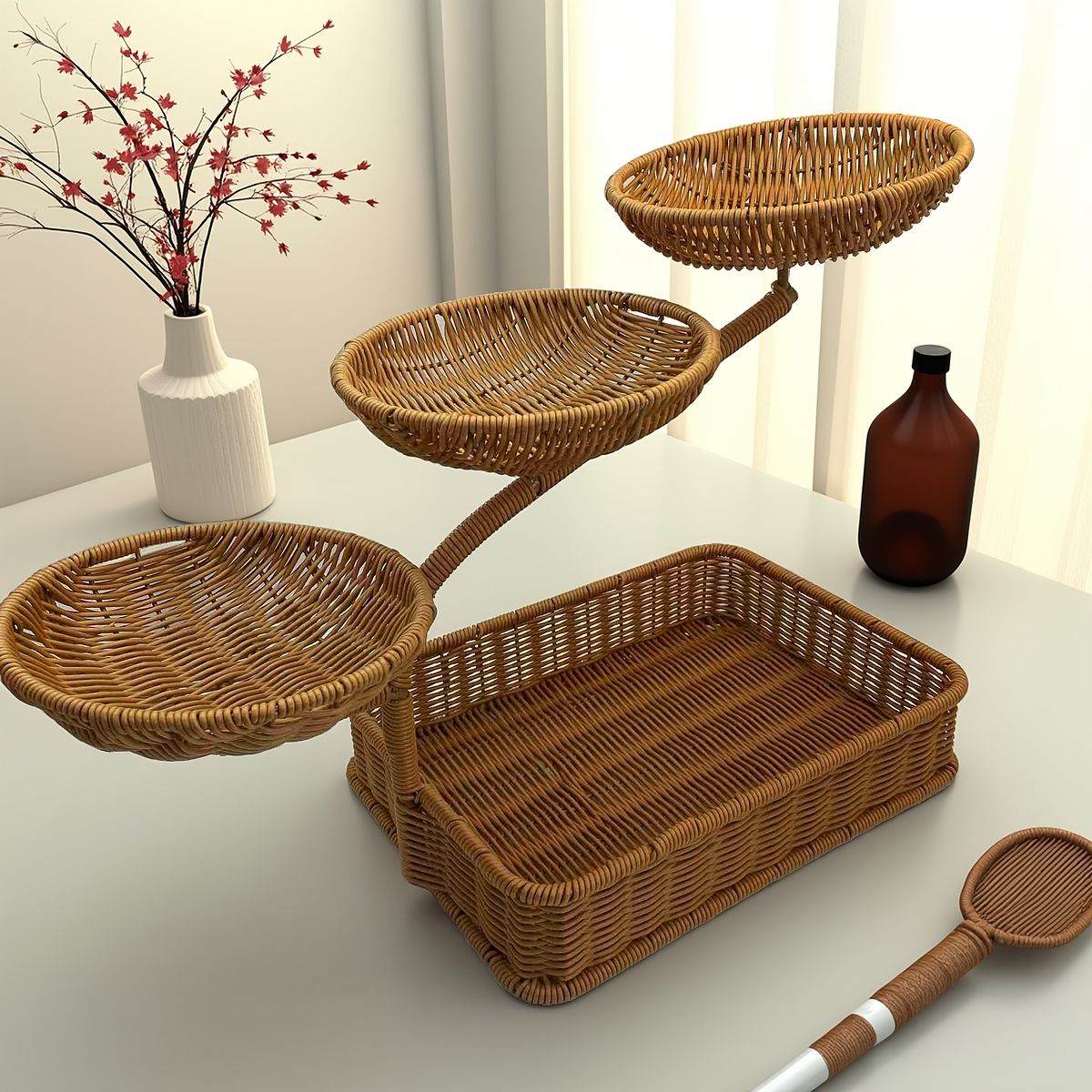 風 ラタン調マルチティアサービングトレイ 3段式 季節の装飾 パーティー ギフトに最適 素朴で温かみのあるデザイン iPhone Android適用 通勤通学 スポーツに最適 TALLINNNEXPO_COM