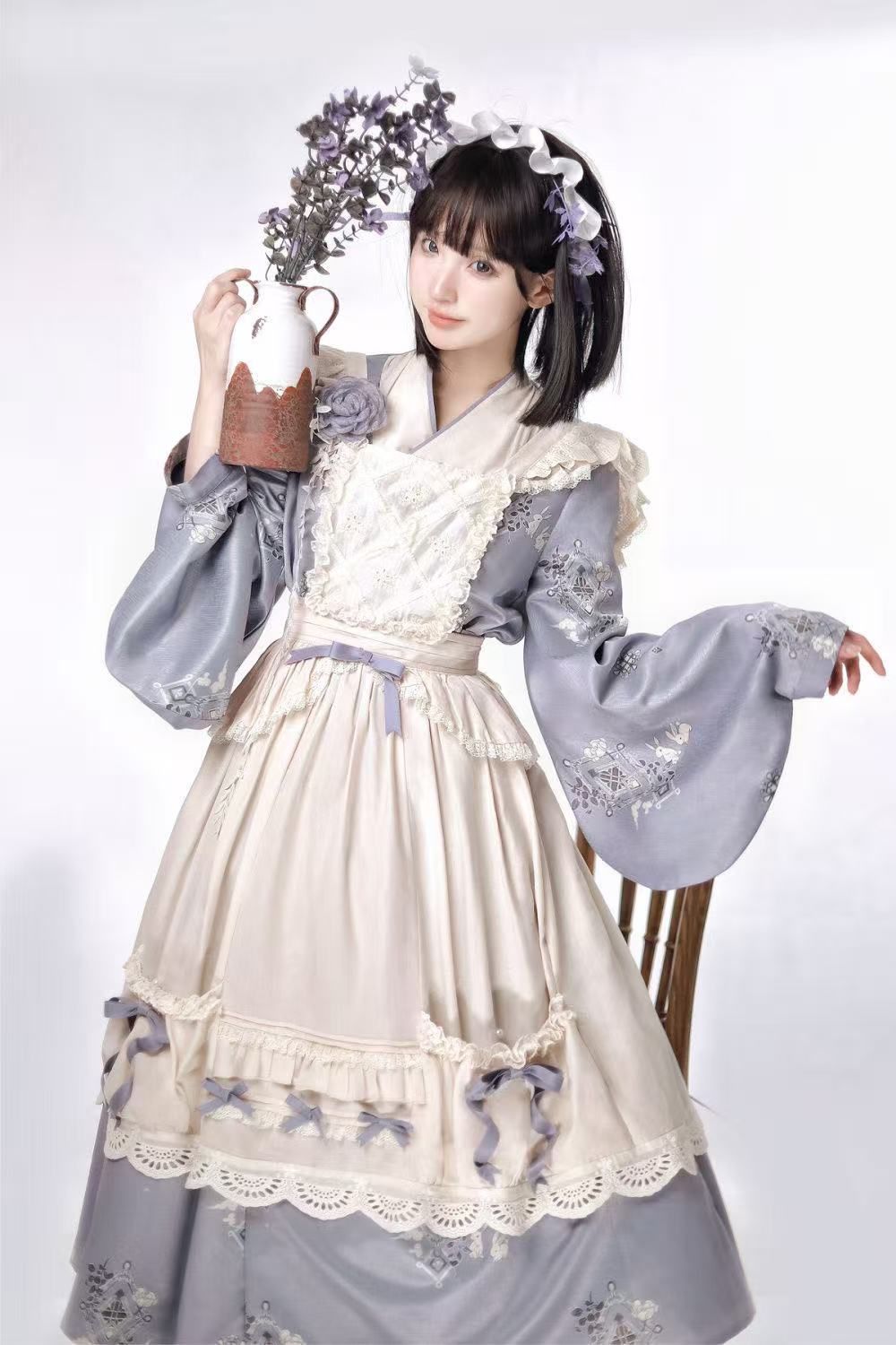 パープル ロリータ ロングスリーブワンピース 秋冬用 日常可愛い エレガント メイドセット