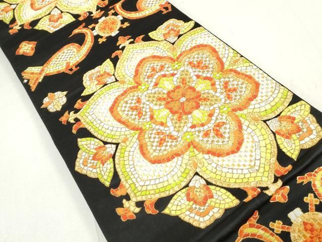 袋帯 黒地 花柄 振袖　ゴールド　黒　金　振袖帯　六通柄袋帯　帯 平和屋着物◎六通柄袋帯 正倉院花文 黒地 金銀糸 正絹 逸品