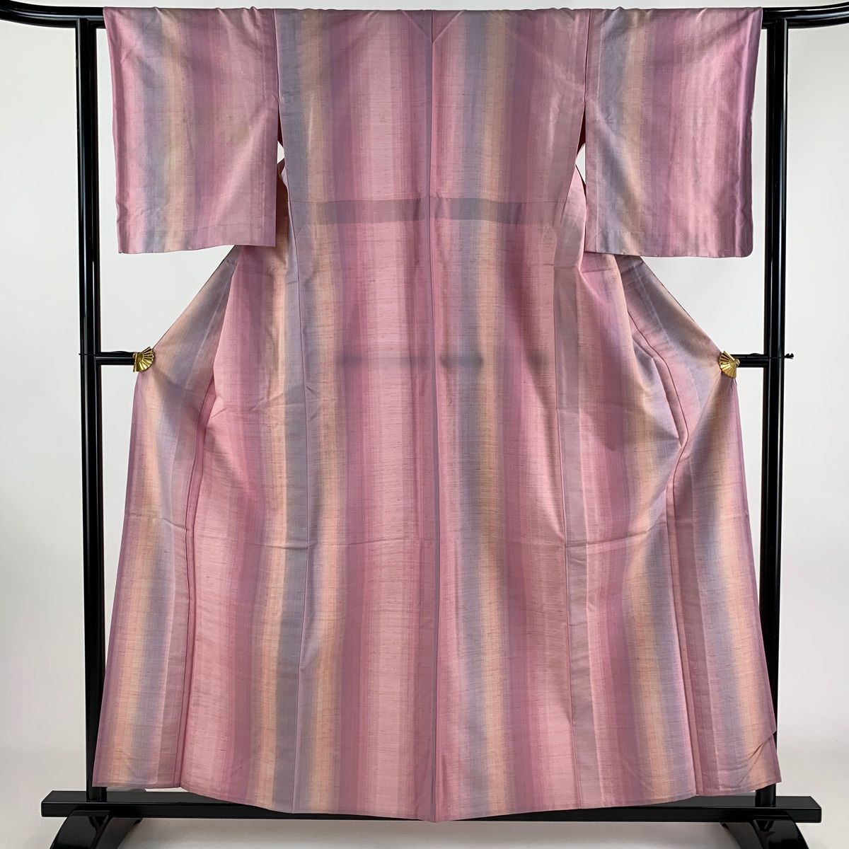 紬 身丈159cm 裄丈62cm S 単衣 縦縞 ピンク 正絹 秀品