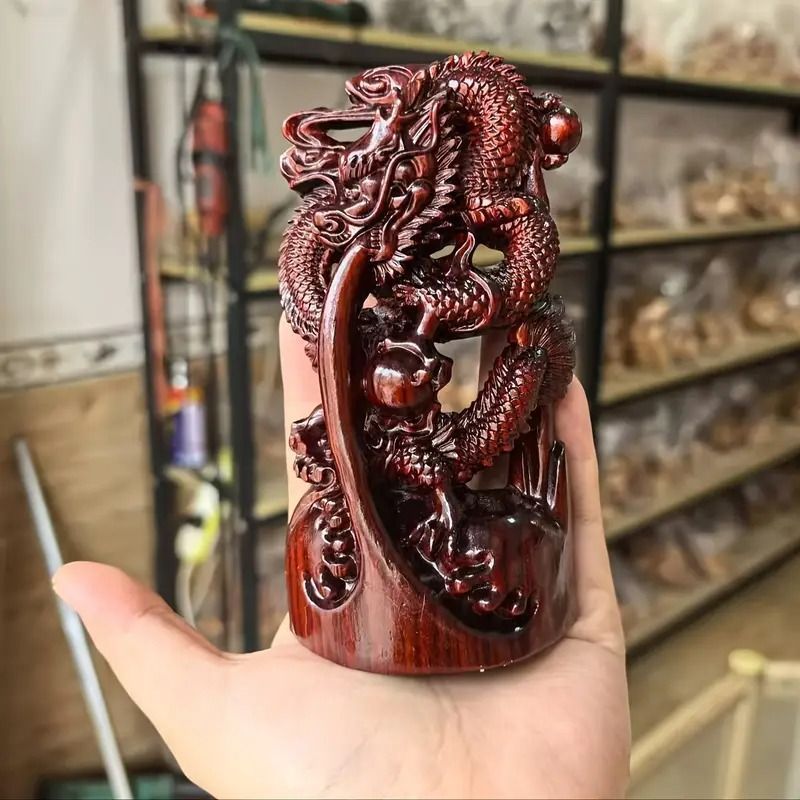 龍 ドラゴン 木製 木彫 レッド 赤 置物 オブジェ 金龍 風水 開運