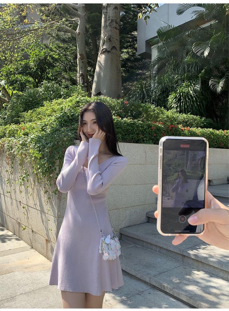 レディースVネックニットミニドレス 春