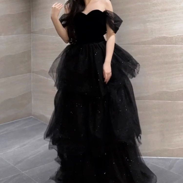 ウエディングドレス Aライン 前撮り 半袖 ドレス ブラック パフスリーブ 袖 ボリューム オフショル 結婚式 お洒落 韓国 0589