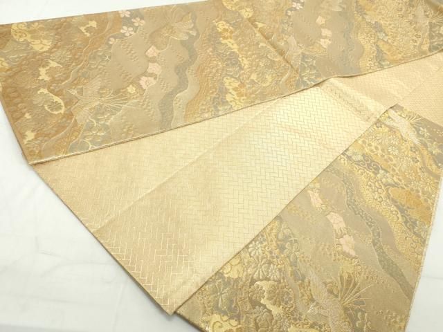 袋帯 銀通し 金彩 手描き 鳳凰 鳥 桐 正絹 六通 Q1166 袋帯 銀通し 金彩 手描き 鳳凰 鳥 桐 正絹 六通 Q1166 袋帯 銀