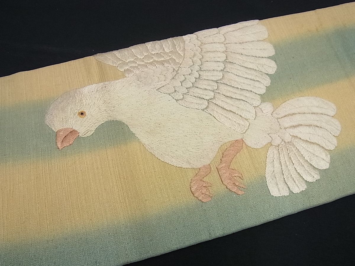 平和屋1□極上 アンティーク 九寸名古屋帯 鳩 手刺繍 逸品3s1133-