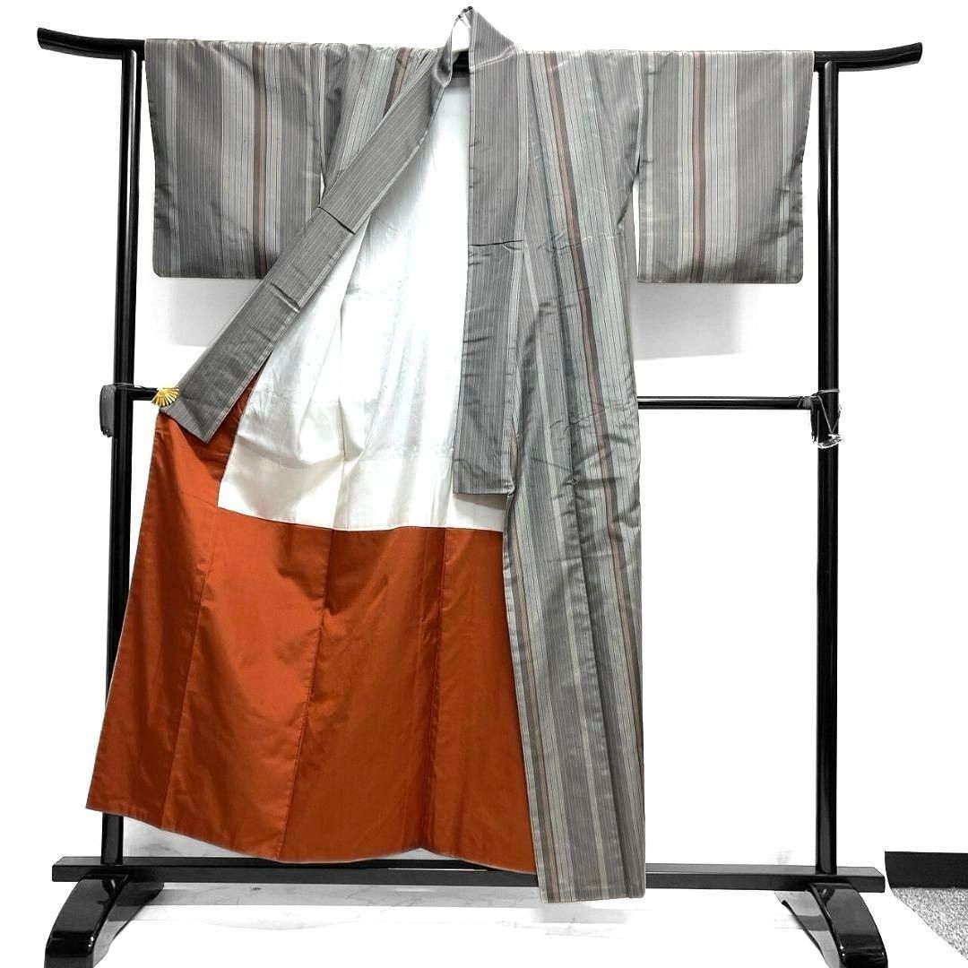 小紋 紬 文音 縦縞 グレーカラー 着物 062a p - メルカリ 