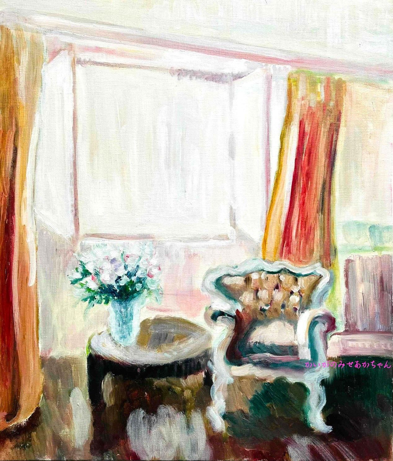 46×53㎝「窓辺の椅子とテーブル」油彩・額装・原画・F10 46×53㎝「窓辺の椅子とテーブル」F10・原画・油彩・額装 - メルカリ