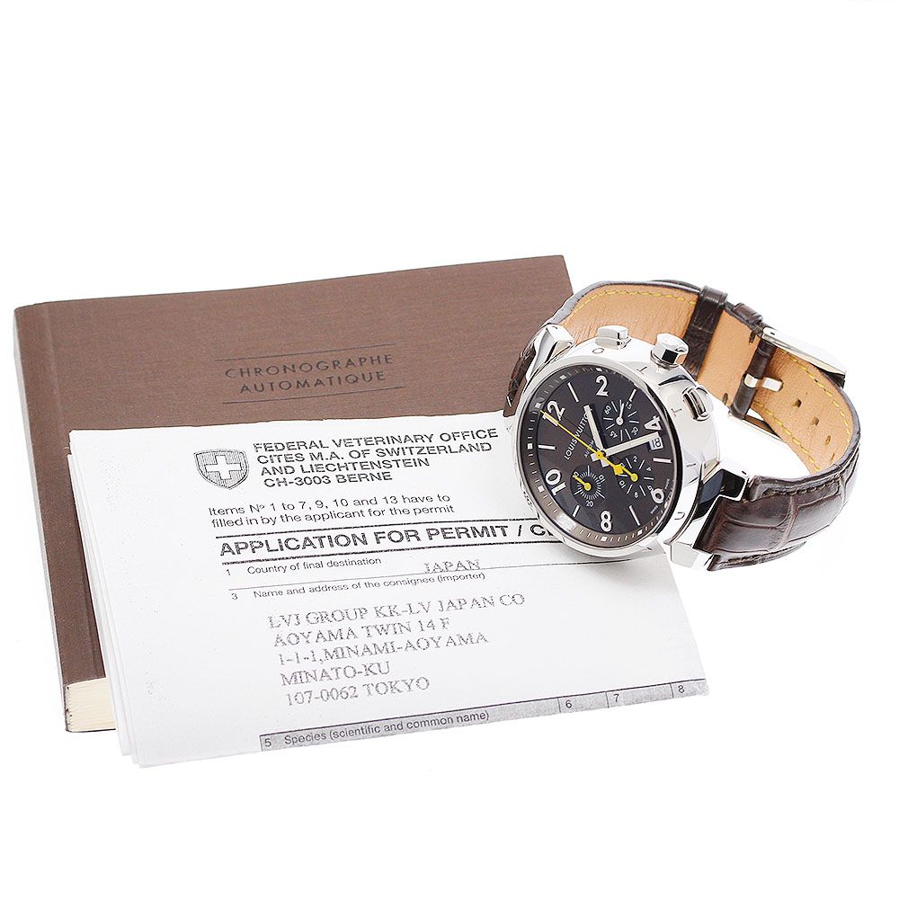 ルイ ヴィトン LOUIS VUITTON Q 1121 タンブール デイト クロノグラフ 自動巻き メンズ保証書付き_906783