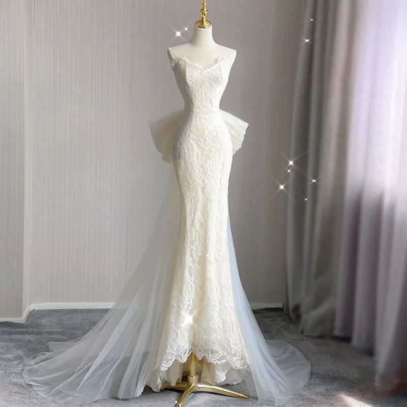 ウェディングドレス ロングドレス マーメイドドレス レース ウエストリボン トレーンライン 二次会 結婚式 前撮り ブライダル 花嫁 0568