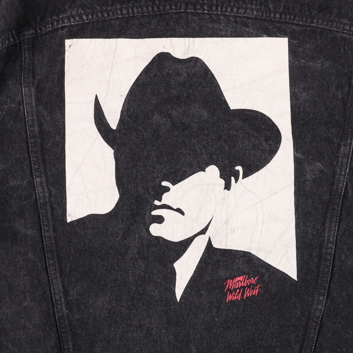 90s MARLBOLO デニムジャケット カウボーイ ブラック カナダ製 古着 90年代 MARLBORO WILD WEST カウボーイ バックプリント ブラック