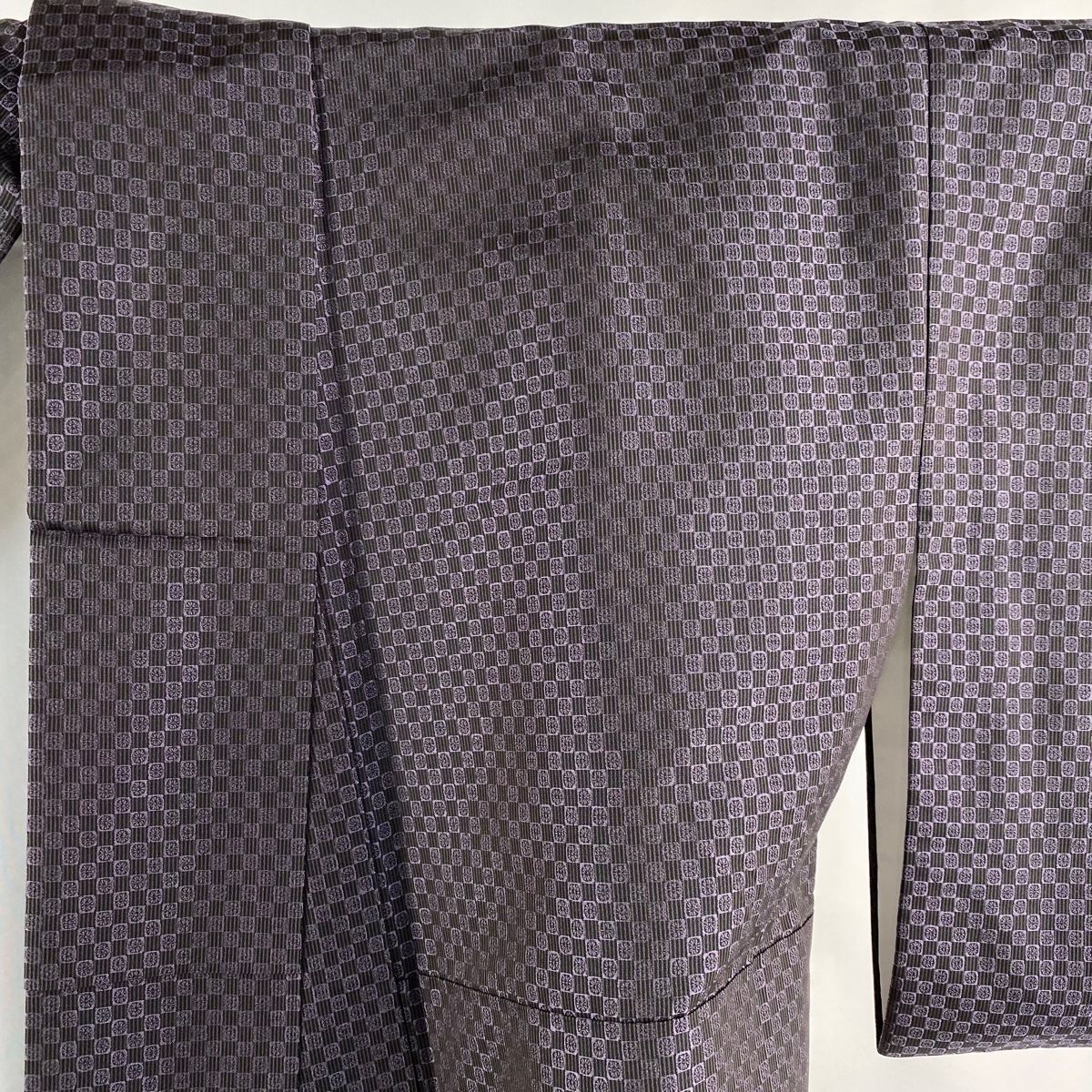 お召 身丈165cm 裄丈69.5cm L 袷 市松 花 茶紫 正絹 美品 逸品 【中古  