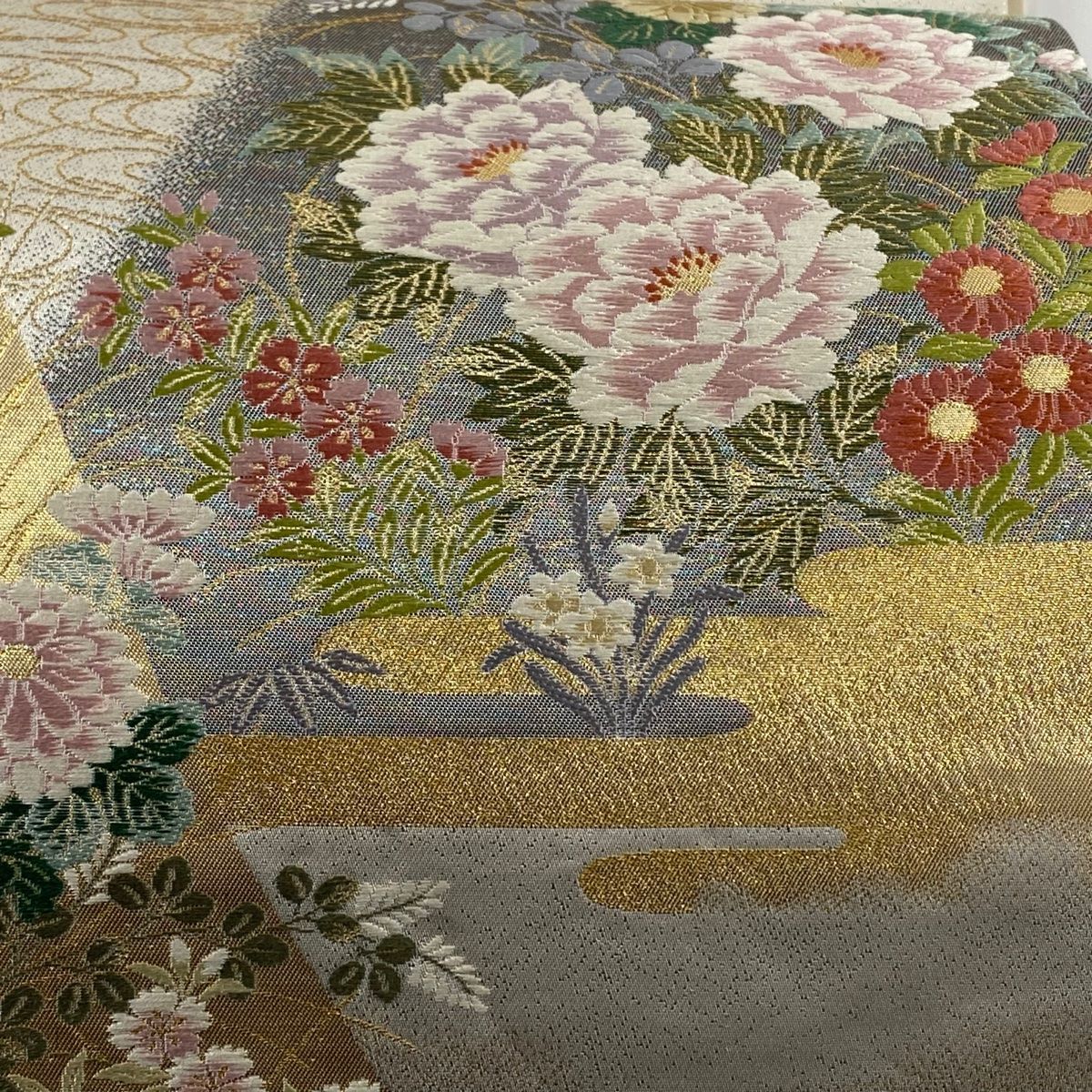 袋帯 鶴に美しい四季の花 金銀糸 白緑色 O-3698 袋帯 鶴に美しい四季の花 金銀糸 白緑色 O-3698