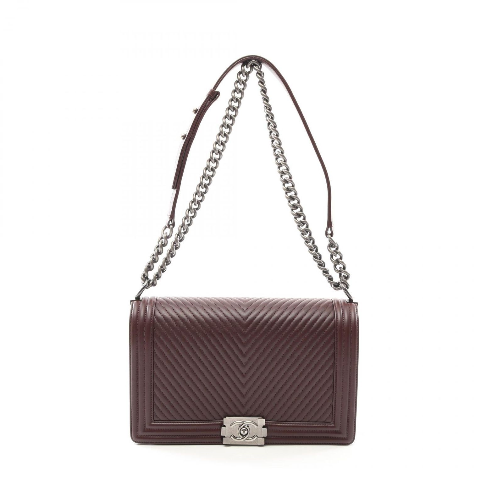シャネル CHANEL ショルダーバッグ ボーイシャネル ラージ Vステッチ シェブロン A92193 ダークブラウン ラムスキン 羊革 ボーイシャネル Vステッチ チェーンショルダー レディース Used A