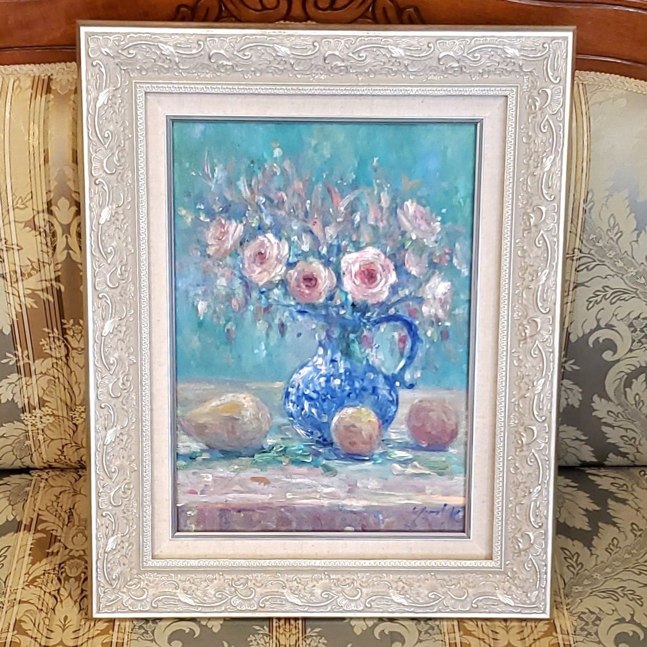 真作渋谷重弘ぶどうの籠 油彩画 p4 約38×40 油絵 アート