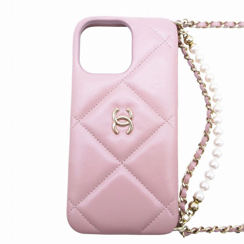 CHANEL シャネル iPhone15PRO ケース AP3866 B16097 スマホケース ラムスキン チェーンストラップ パールストラップ ピンク |TNT