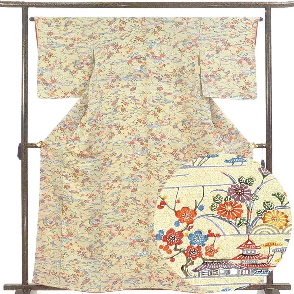 小紋 身丈162cm 裄64cm 前幅24.5cm 後幅28.5cm 袖丈49cm 袖幅32cm レディース 袷 紅型調 裄Mサイズ 秋冬春用 正絹 シルク グリーン ♥品 リメイク リユース リサイクル 呉服のきくや