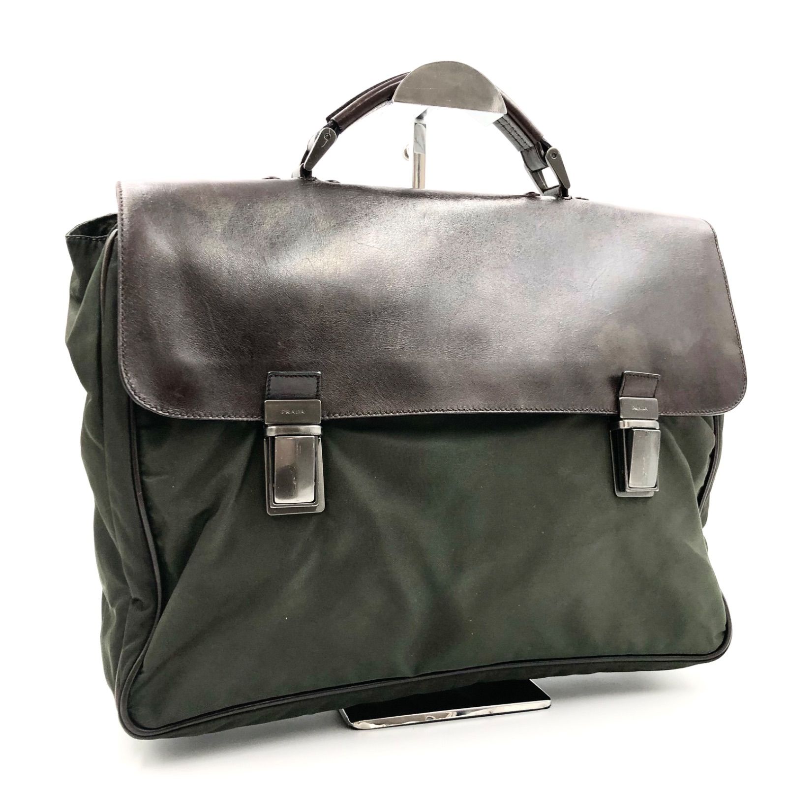 ⭐️良品⭐️プラダ ブリーフケース ビジネスバッグ カーキ レザー ナイロン PRADA ビジネスバッグブリーフケースナイロンレザーカーキブラウン