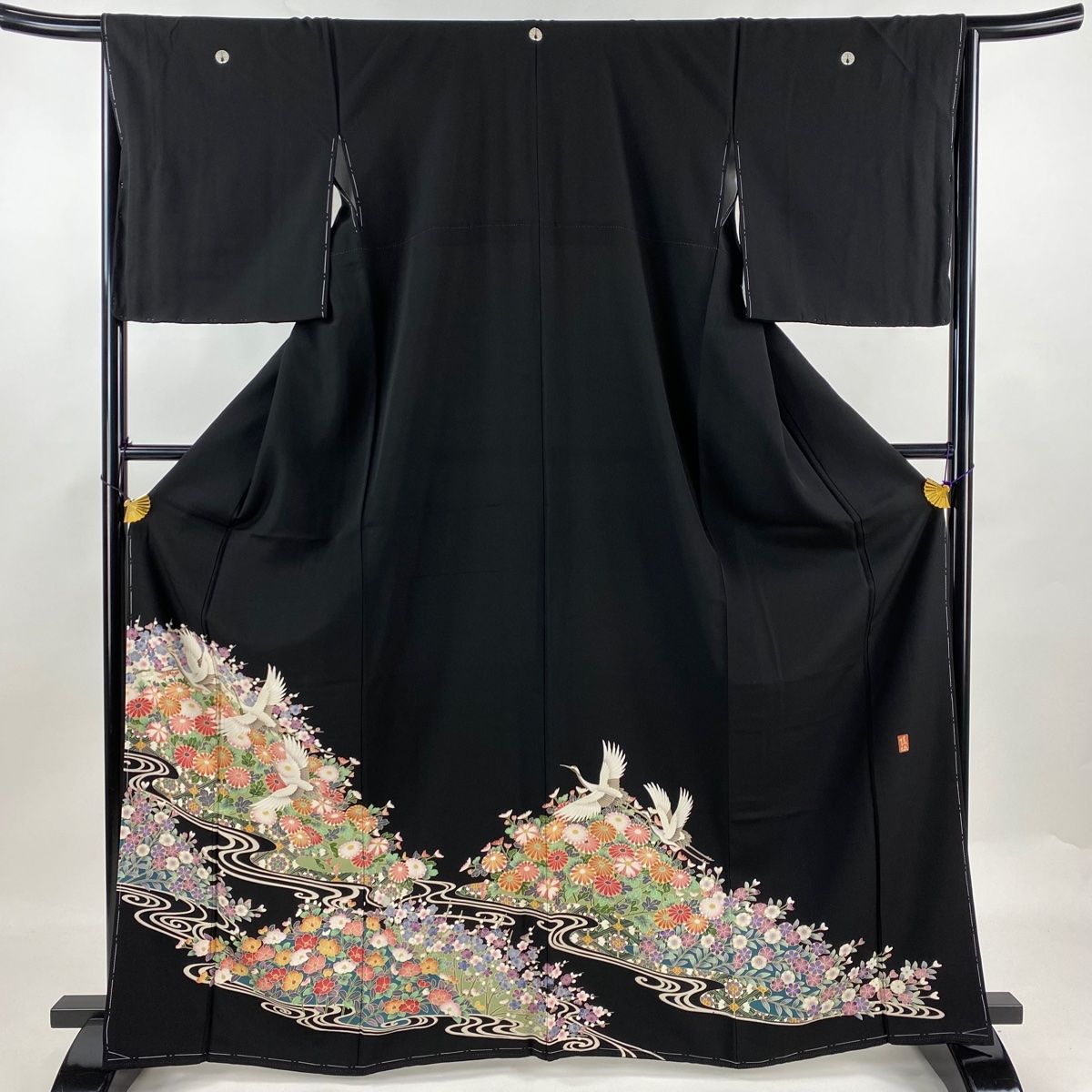 黒留袖 身丈156cm 裄丈66cm M 袷 落款 鶴 菊 黒 正絹 名品