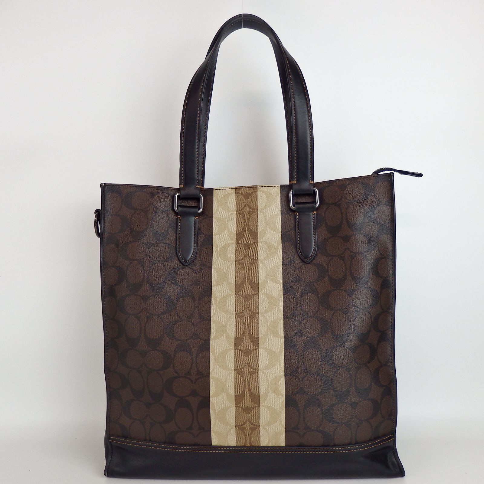 COACH コーチ シグネチャー ヘリテージストライプ トートバッグ ブラウン ホワイト 6707 レザー レディース 5-4 41710