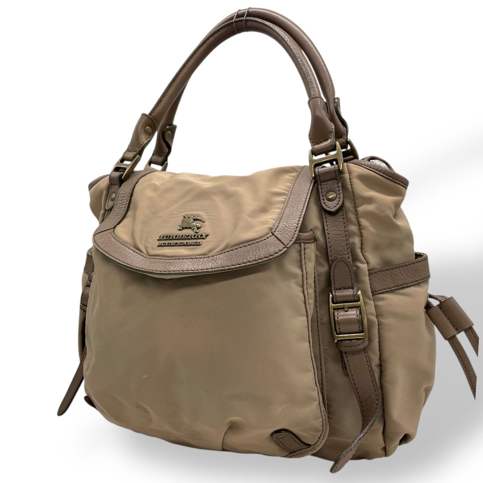 BURBERRY バーバリーブルーレーベル ハンドバッグ ナイロン レザー グレー ベージュ ブラウン ゴールド金具 手提げ ロゴ レディース U14