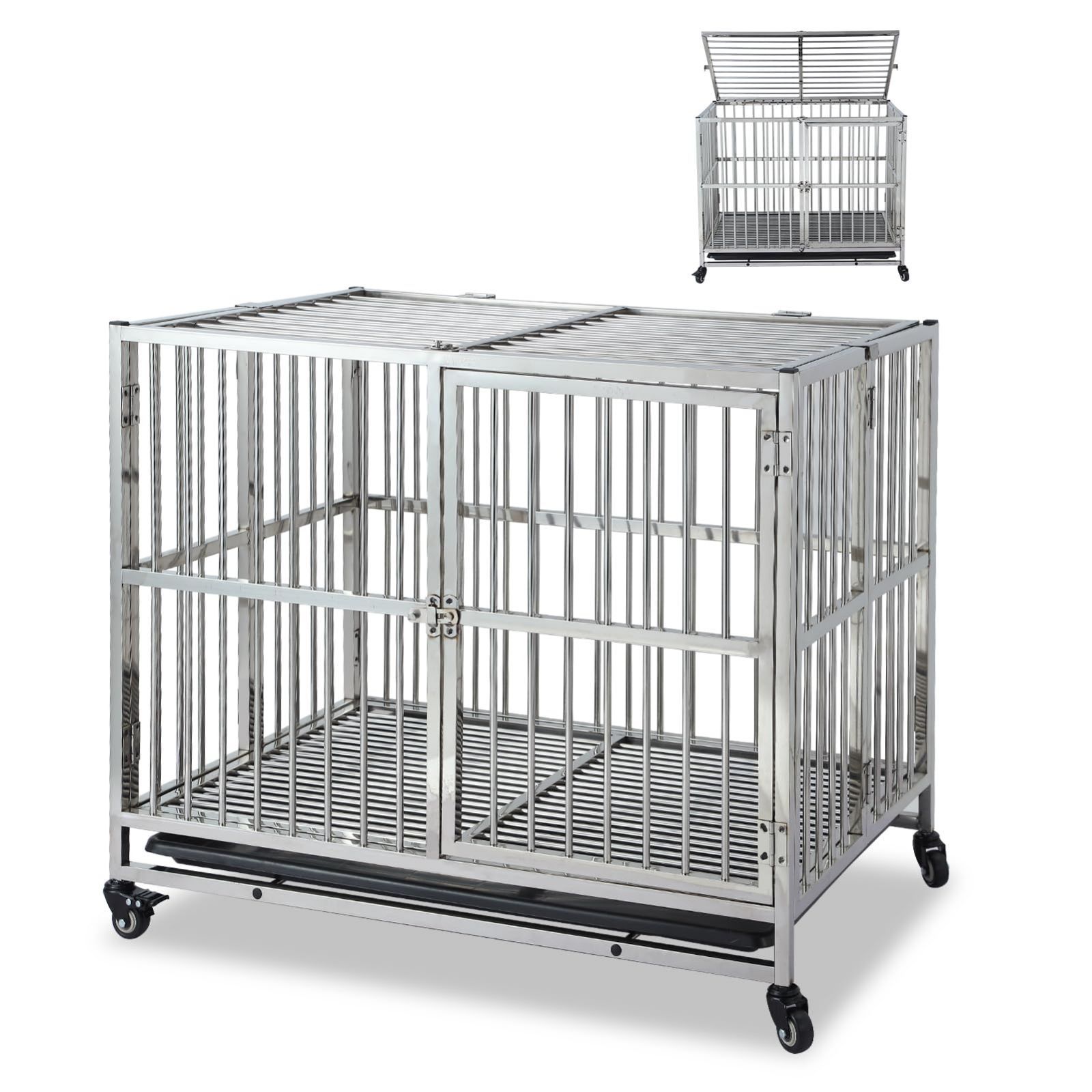 ガービー Garvee 犬ケージ 中型犬 ペットケージ 屋根付き 折りたたみ 頑丈 ステンレス製 キャスター付き ロック トレー付き