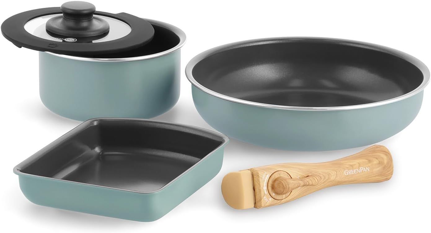 グリーンパン GREENPAN 鍋 フライパン 5点 セット 取っ手のとれる IH ガス 食洗機 対応 有害物質不使用 PFASフリー セラミックコーティング クリックシェフ こびりつきにくい 汚れが落としやすい スモーキースカイブルー
