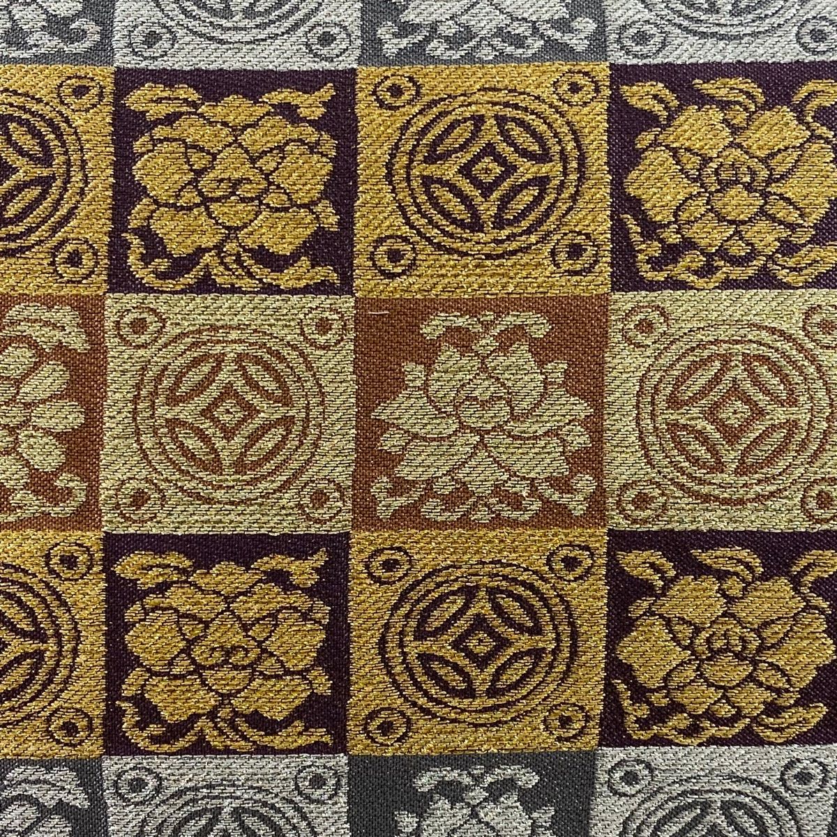 袋帯 秀品 市松 草花 金銀糸 金色 六通 正絹