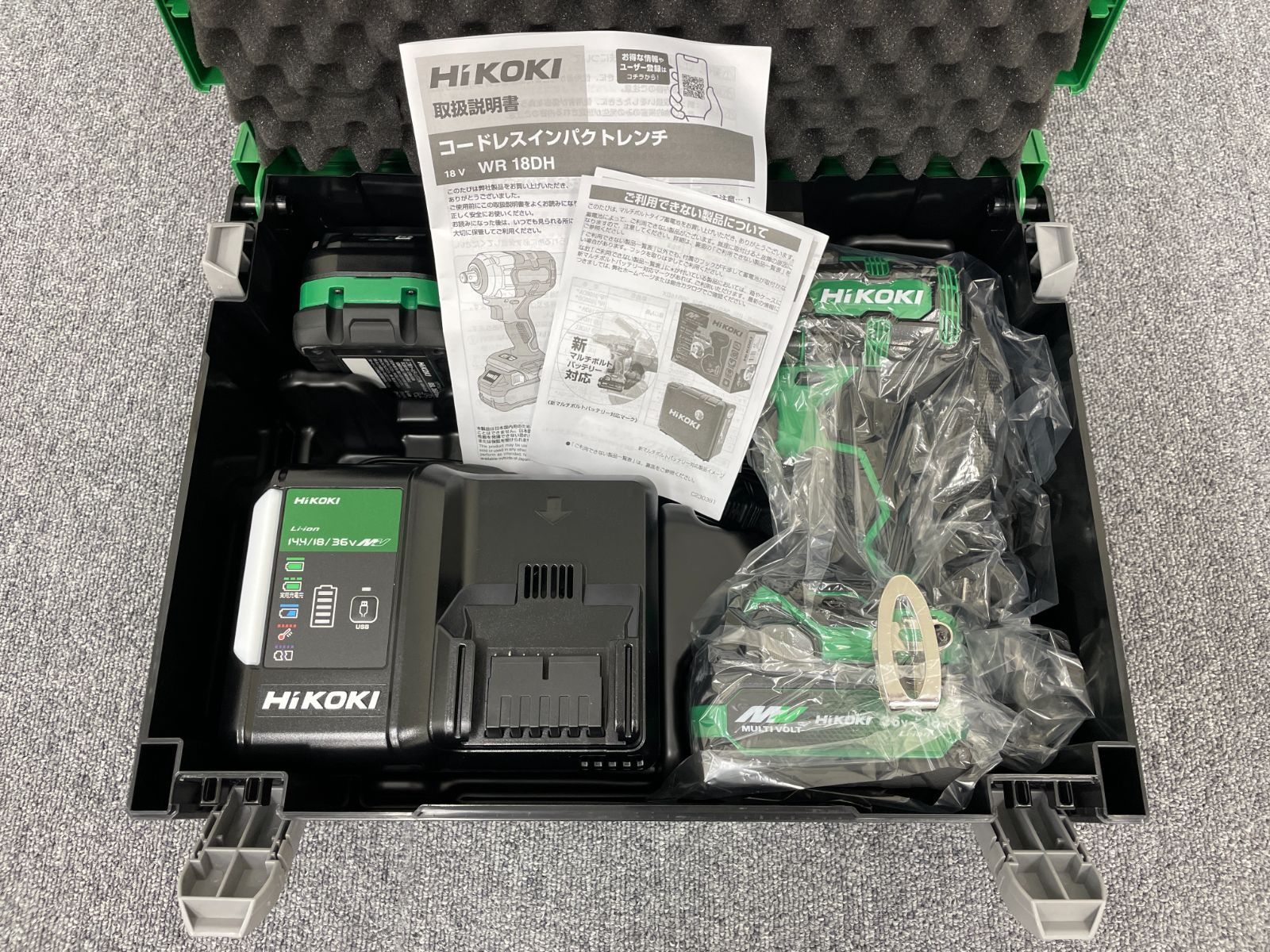 |♥ HiKOKI ハイコーキ WR18DH 2XPZ 18V コードレス インパクトレンチ バッテリ2個 充電器 ケース付き 工具 B9|J122