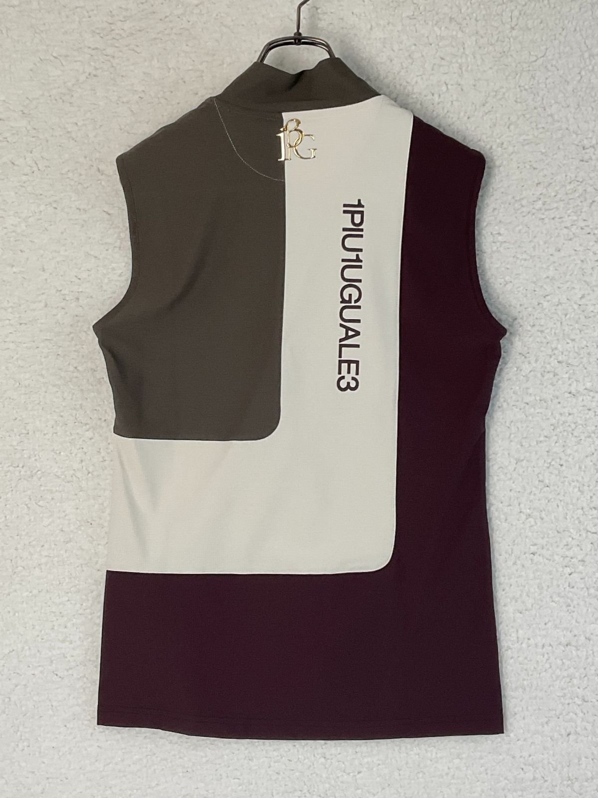 GOLF 2 カーキ×オフホワイト×ボルドー 切り替えモックネックノースリーブポロシャツ